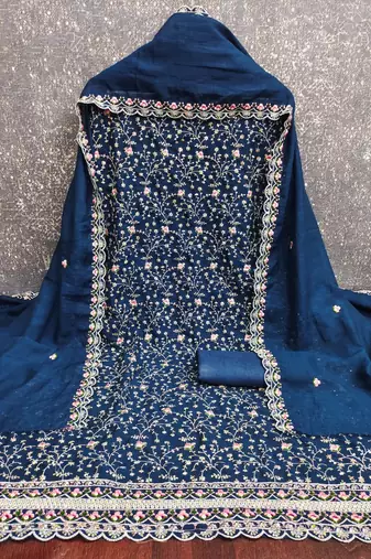 women's blue unstitched vichitra silk dress material with embroidered dupatta