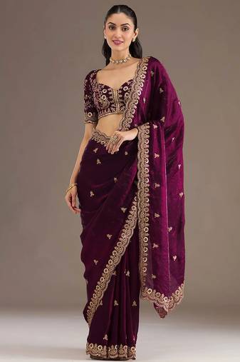Glamorous wine tissue silk zari and sequins embroidered indian latest design wedding saree