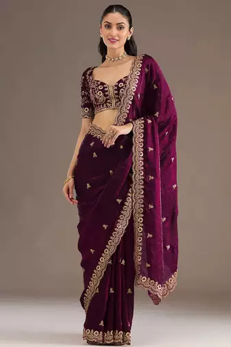 Glamorous wine tissue silk zari and sequins embroidered indian latest design wedding saree