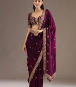 Glamorous wine tissue silk zari and sequins embroidered indian latest design wedding saree