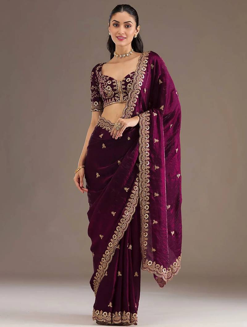 Glamorous wine tissue silk zari and sequins embroidered indian latest design wedding saree