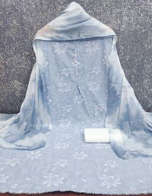 women's light blue unstitched cotton dress material with saboori printed dupatta 1