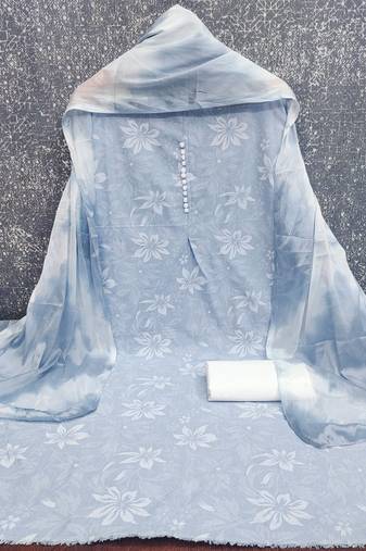 women's light blue unstitched cotton dress material with saboori printed dupatta