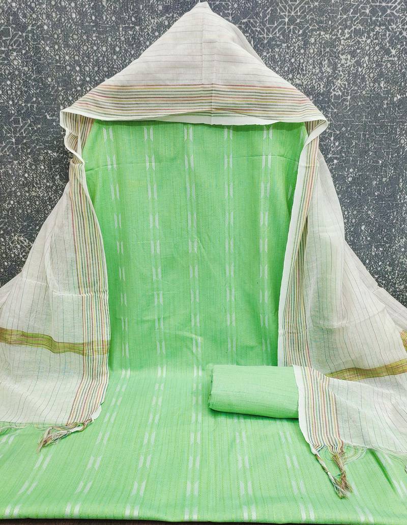 women's light green unstitched cotton jacquard dress material with woven dupatta