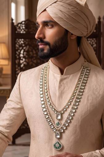 Green kundan pearl sherwani necklace     regal groom jewellery