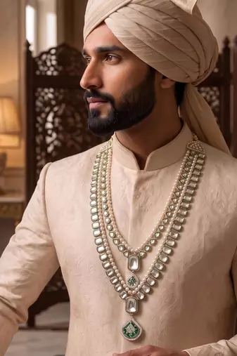 Green kundan pearl sherwani necklace – regal groom jewellery