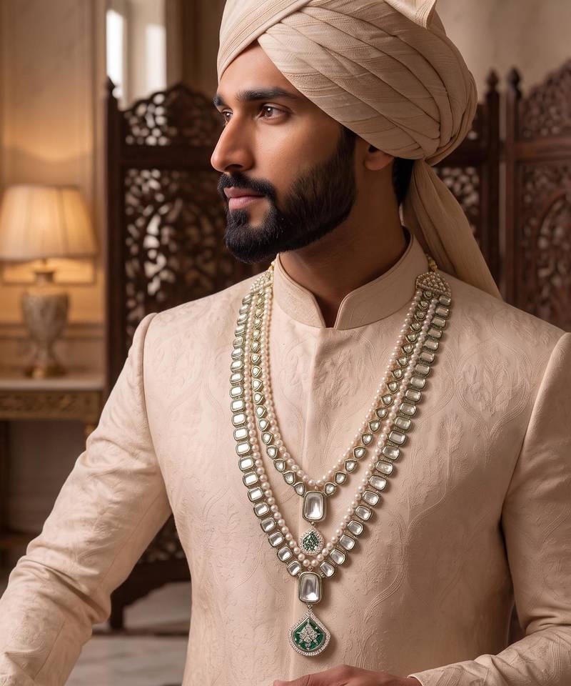 Green kundan pearl sherwani necklace – regal groom jewellery