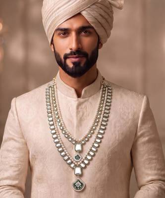 Green kundan pearl sherwani necklace – regal groom jewellery 5