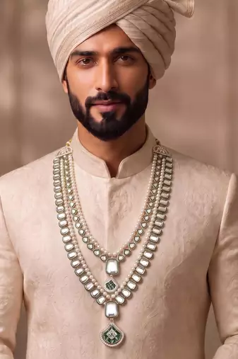 Green kundan pearl sherwani necklace – regal groom jewellery
