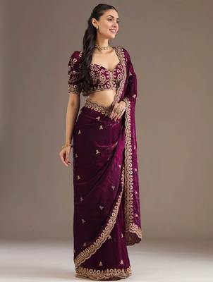 Glamorous wine tissue silk zari and sequins embroidered indian latest design wedding saree 2