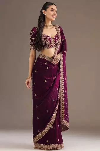 Glamorous wine tissue silk zari and sequins embroidered indian latest design wedding saree