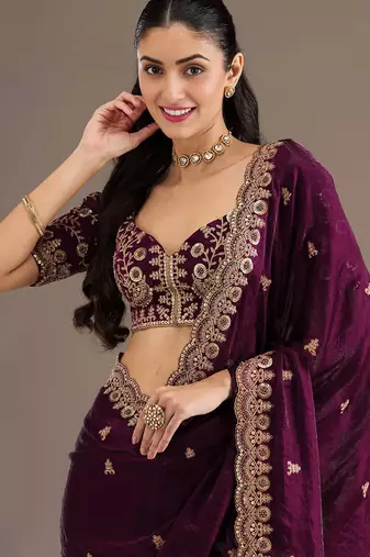 Glamorous wine tissue silk zari and sequins embroidered indian latest design wedding saree