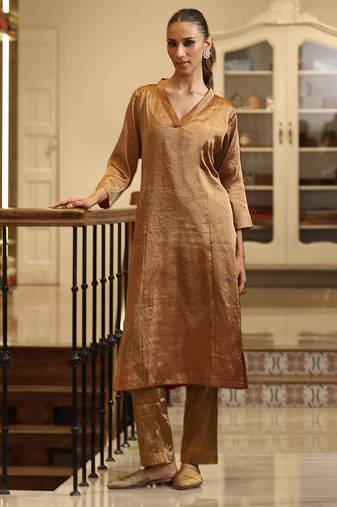 Golden chanderi silk tissue kurta set