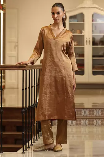 Golden chanderi silk tissue kurta set