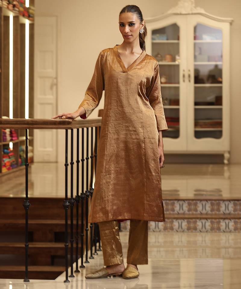 Golden chanderi silk tissue kurta set
