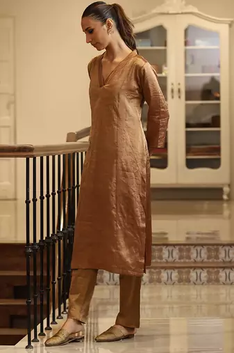 Golden chanderi silk tissue kurta set