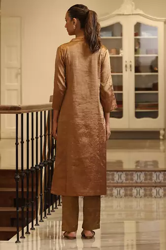 Golden chanderi silk tissue kurta set