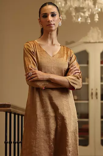 Golden handloom tissue kurta set