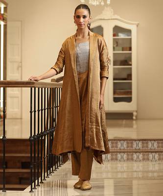 Golden brown handloom tissue jacket kurta set 1