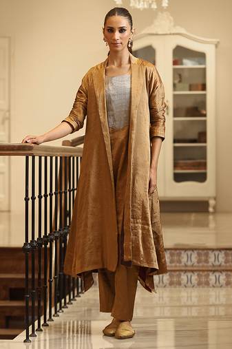 Golden brown handloom tissue jacket kurta set