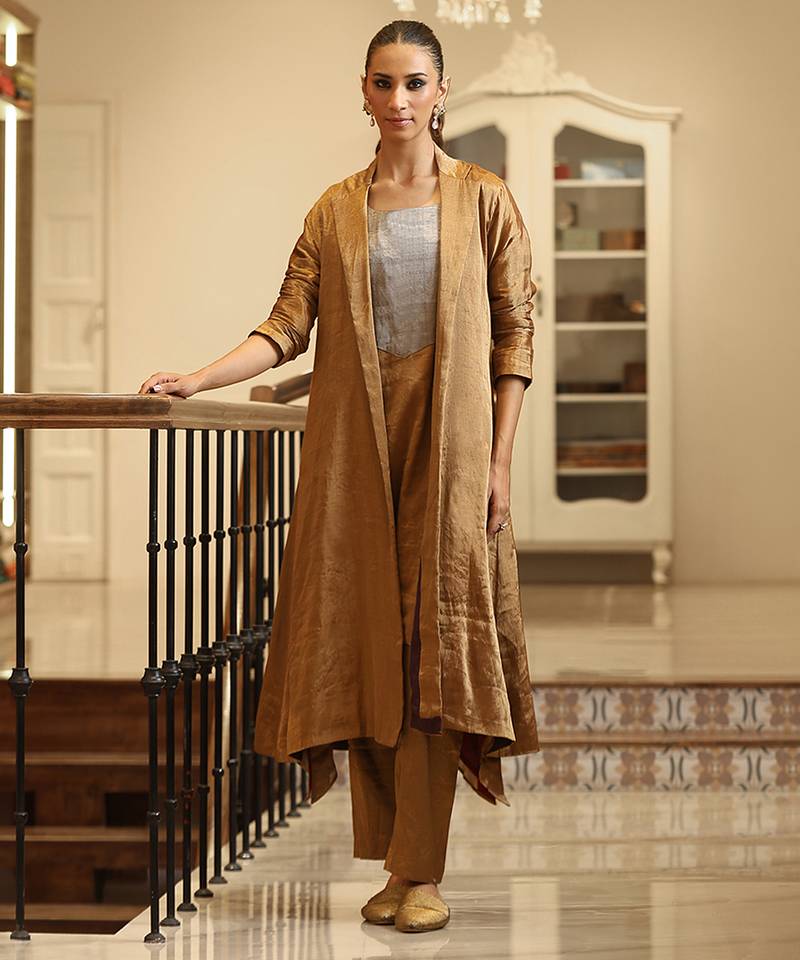 Golden brown handloom tissue jacket kurta set
