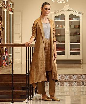 Golden brown handloom tissue jacket kurta set 2