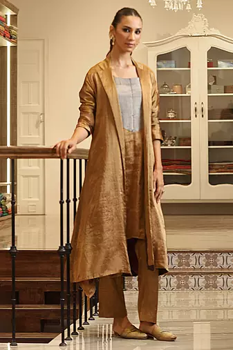 Golden brown handloom tissue jacket kurta set