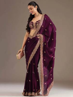 Glamorous wine tissue silk zari and sequins embroidered indian latest design wedding saree 4