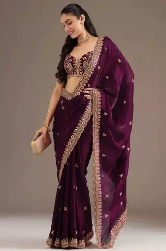 Glamorous wine tissue silk zari and sequins embroidered indian latest design wedding saree
