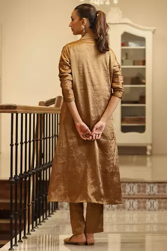 Golden brown handloom tissue jacket kurta set