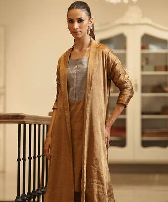 Golden brown handloom tissue jacket kurta set 4