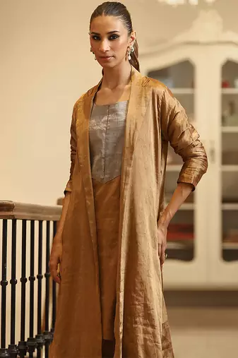 Golden brown handloom tissue jacket kurta set