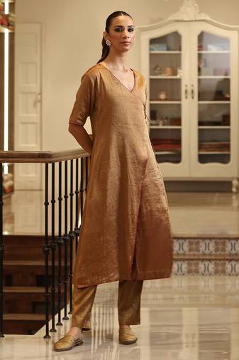 Golden handloom tissue angrakha kurta set