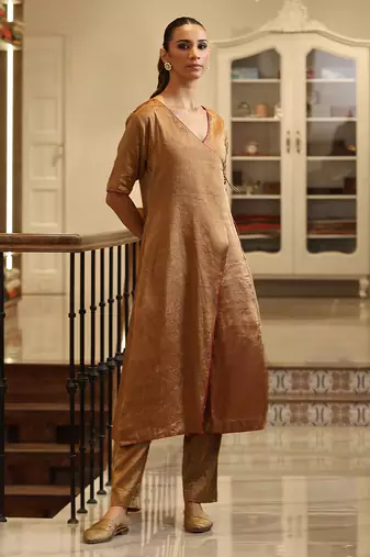Golden handloom tissue angrakha kurta set