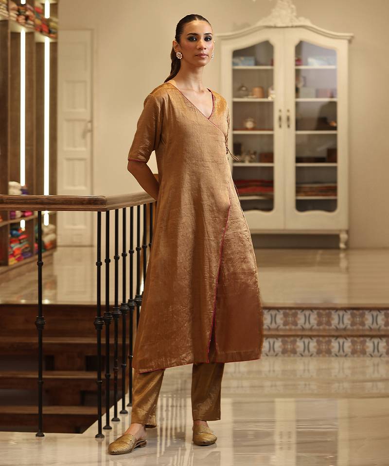 Golden handloom tissue angrakha kurta set