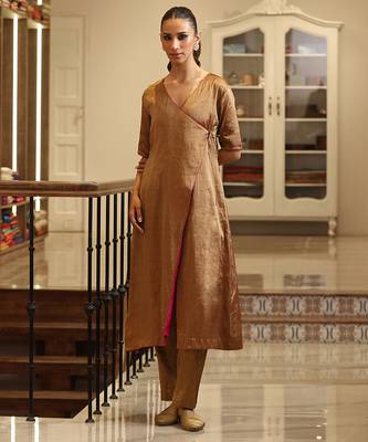 Golden handloom tissue angrakha kurta set 2