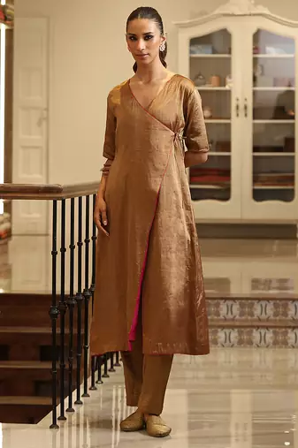 Golden handloom tissue angrakha kurta set
