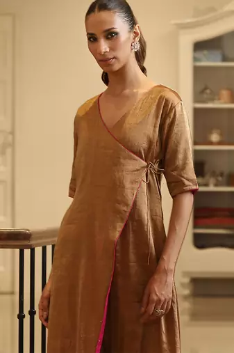 Golden handloom tissue angrakha kurta set