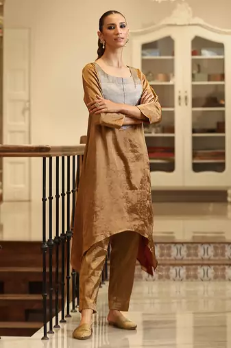 Gold and silver handloom tissue kurta set