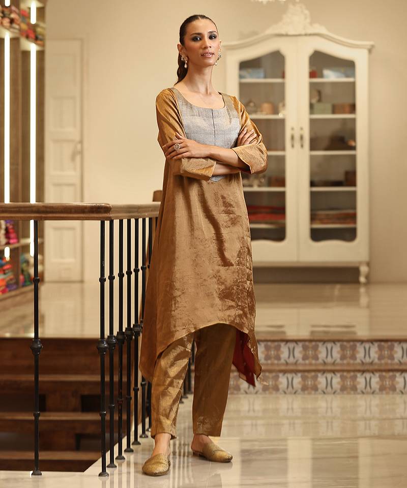 Gold and silver handloom tissue kurta set