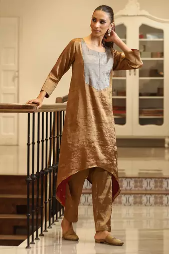 Gold and silver handloom tissue kurta set