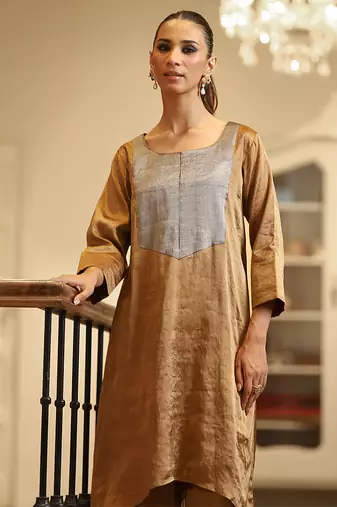 Gold and silver handloom tissue kurta set
