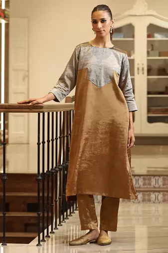 Gold and silver handloom tissue kurta set