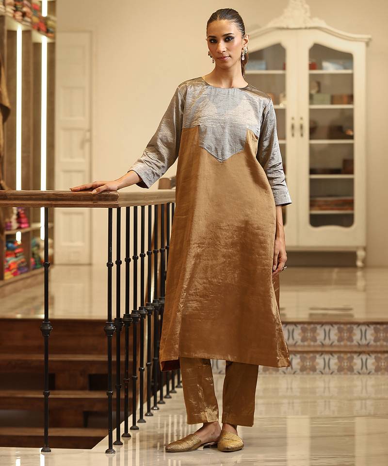 Gold and silver handloom tissue kurta set