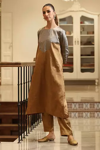Gold and silver handloom tissue kurta set