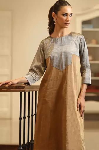 Gold and silver handloom tissue kurta set