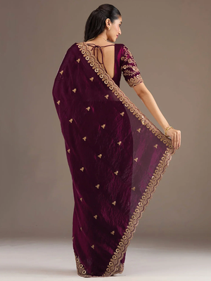 Glamorous wine tissue silk zari and sequins embroidered indian latest design wedding saree 5