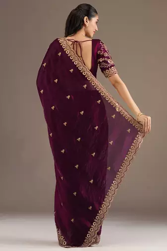 Glamorous wine tissue silk zari and sequins embroidered indian latest design wedding saree