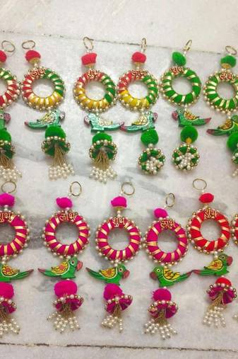 shubh labh parrot door hanging decorative  ring latkan and pom pom home temple decorations (pack of 2)