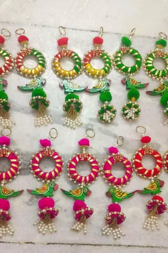 shubh labh parrot door hanging decorative  ring latkan and pom pom home temple decorations (pack of 2)